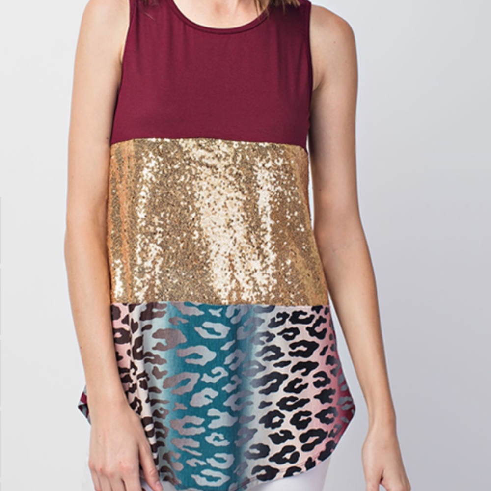 Burgundy, Leopard & Sequin Color Block Tank